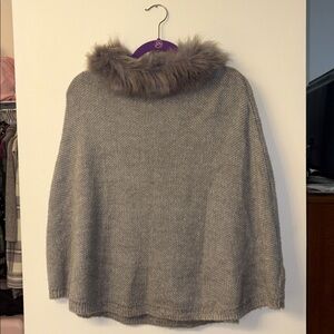 Ann Taylor Factory Gray Poncho with Faux Fur Collar